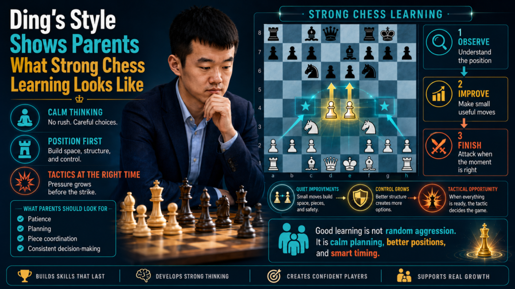 For parents, Ding Liren’s chess gives a beautiful picture of what real growth can look like. It is not always loud. It is not always fast. It is not only about trophies or ratings. Strong chess learning is often quiet.