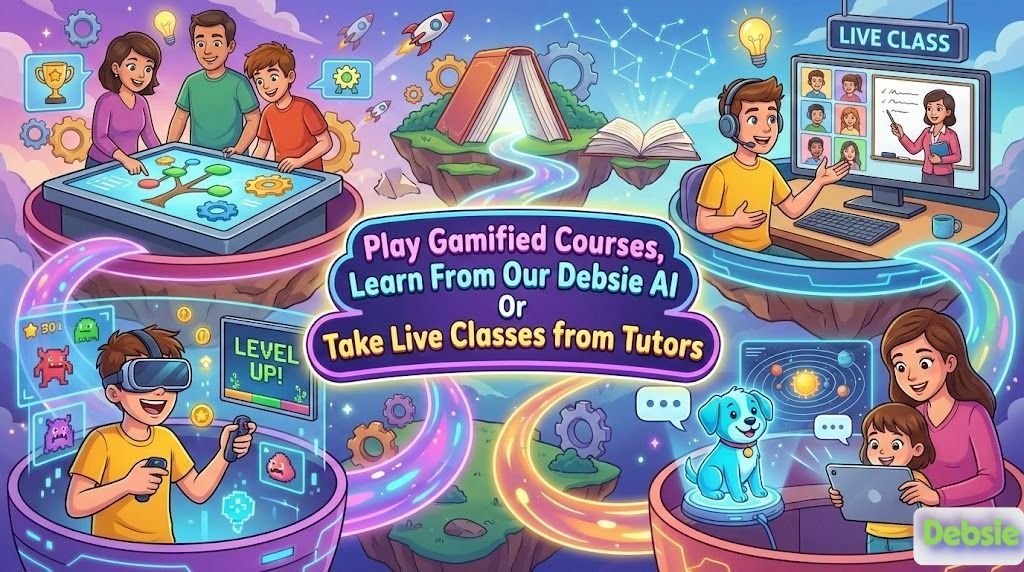Debsie Learning Modes Play Gamified Courses, Learn From Our Debsie AI Or Take Live Classes from Tutors