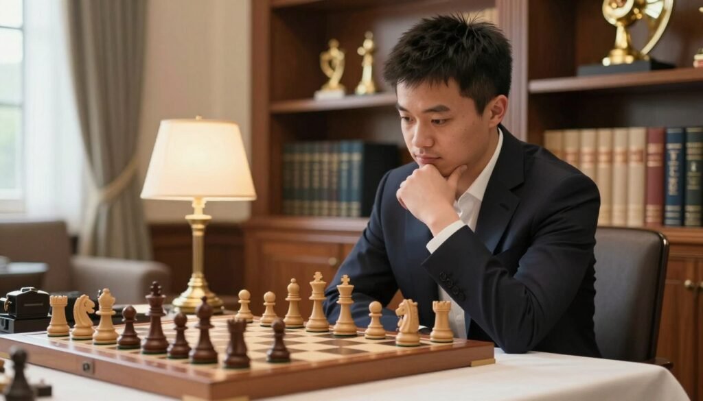 Ding Liren, the world chess champion, sits thoughtfully at a chessboard in a well-lit, elegant room filled with bookshelves and chess trophies. He is dressed in a professional dark suit, exuding confidence and focus. In the foreground, a classic wooden chessboard is meticulously positioned with pieces artfully arranged, symbolizing his strategic mind. In the middle ground, a warm glow from a desk lamp highlights his concentrated expression as he contemplates his next move. The background features a subtle blur of books and a window casting gentle natural light, creating a serene yet inspiring atmosphere. The image captures the essence of accuracy, solid openings, and championship resilience, embodying the spirit of a top chess player. Debsie.com