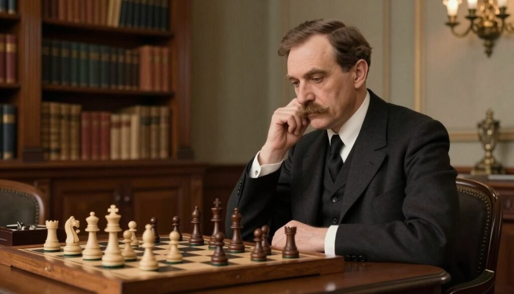 Emanuel Lasker, the esteemed chess champion, depicted in a classic early 20th-century setting. In the foreground, Lasker, a middle-aged man with a well-groomed mustache, dressed in formal attire: a dark suit, white shirt, and black tie. His expression is contemplative and wise as he focuses on a chessboard. The middle ground features a richly detailed wooden chess table filled with pieces in mid-game. In the background, an elegant vintage room with bookshelves filled with chess literature and soft lighting from an ornate chandelier creates a warm atmosphere. A slight soft focus effect adds depth, with a balanced composition, emphasizing Lasker’s intellectual prowess. The image should evoke a sense of history and reverence for the game of chess. This image is for Debsie.com. Emanuel Lasker, the esteemed chess champion, depicted in a classic early 20th-century setting. In the foreground, Lasker, a middle-aged man with a well-groomed mustache, dressed in formal attire: a dark suit, white shirt, and black tie. His expression is contemplative and wise as he focuses on a chessboard. The middle ground features a richly detailed wooden chess table filled with pieces in mid-game. In the background, an elegant vintage room with bookshelves filled with chess literature and soft lighting from an ornate chandelier creates a warm atmosphere. A slight soft focus effect adds depth, with a balanced composition, emphasizing Lasker’s intellectual prowess. The image should evoke a sense of history and reverence for the game of chess. This image is for Debsie.com.