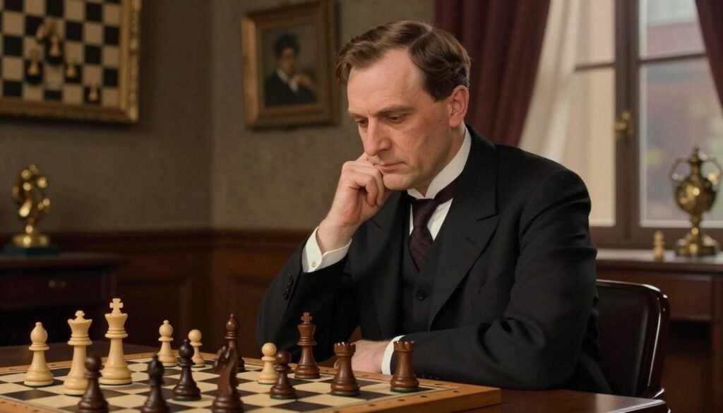 Emanuel Lasker, the renowned chess player, depicted in a dignified pose, wearing a classic black suit and a white shirt, with a subdued tie that hints at his era in the early 20th century. The foreground features a chessboard set up for a game, with pieces in mid-movement. In the middle ground, a softly lit room reminiscent of early 1900s elegance, with dark wood paneling and vintage chess memorabilia adorning the walls. The background shows a dimly lit window, hinting at a late afternoon glow that casts warm, gentle shadows. The mood is contemplative and focused, capturing Lasker’s deep strategic thought process. Frame the image with a slightly downward angle to evoke a sense of respect and nostalgia. The scene adheres to a clean, professional aesthetic, reflecting the seriousness of chess as an art form. Created for Debsie.com.