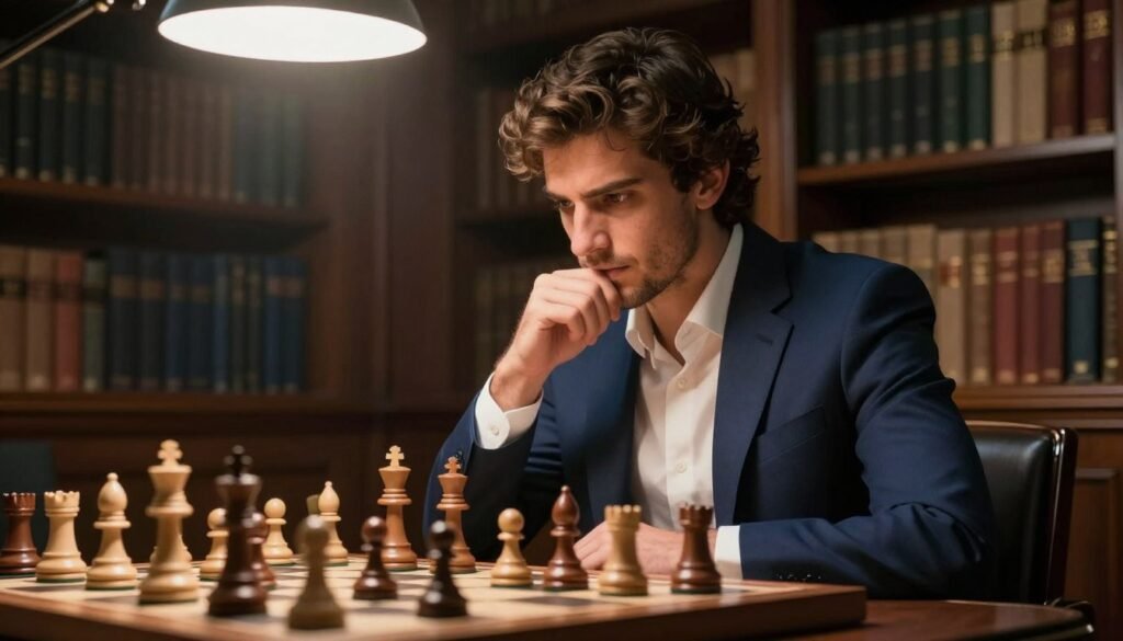 Fabiano Caruana, a distinguished chess player, is depicted at a chessboard, fully engaged in thought, wearing a tailored dark blue suit and a crisp white shirt. His expression is intense yet focused, reflecting deep concentration. The chess pieces are meticulously arranged before him, with a dramatic overhead spotlight highlighting their intricate designs. In the background, a blurred but elegant library filled with books creates an air of sophistication, suggestive of deep intellectual pursuit. The lighting is soft yet dramatic, casting gentle shadows for depth. The angle captures Caruana at a 45-degree view, enhancing the scene’s intensity and engagement. The overall atmosphere conveys the gravitas and dedication of a modern chess titan. Shot with a 50mm lens for a natural depth of field. Created for Debsie.com. Fabiano Caruana, a distinguished chess player, is depicted at a chessboard, fully engaged in thought, wearing a tailored dark blue suit and a crisp white shirt. His expression is intense yet focused, reflecting deep concentration. The chess pieces are meticulously arranged before him, with a dramatic overhead spotlight highlighting their intricate designs. In the background, a blurred but elegant library filled with books creates an air of sophistication, suggestive of deep intellectual pursuit. The lighting is soft yet dramatic, casting gentle shadows for depth. The angle captures Caruana at a 45-degree view, enhancing the scene’s intensity and engagement. The overall atmosphere conveys the gravitas and dedication of a modern chess titan. Shot with a 50mm lens for a natural depth of field. Created for Debsie.com.