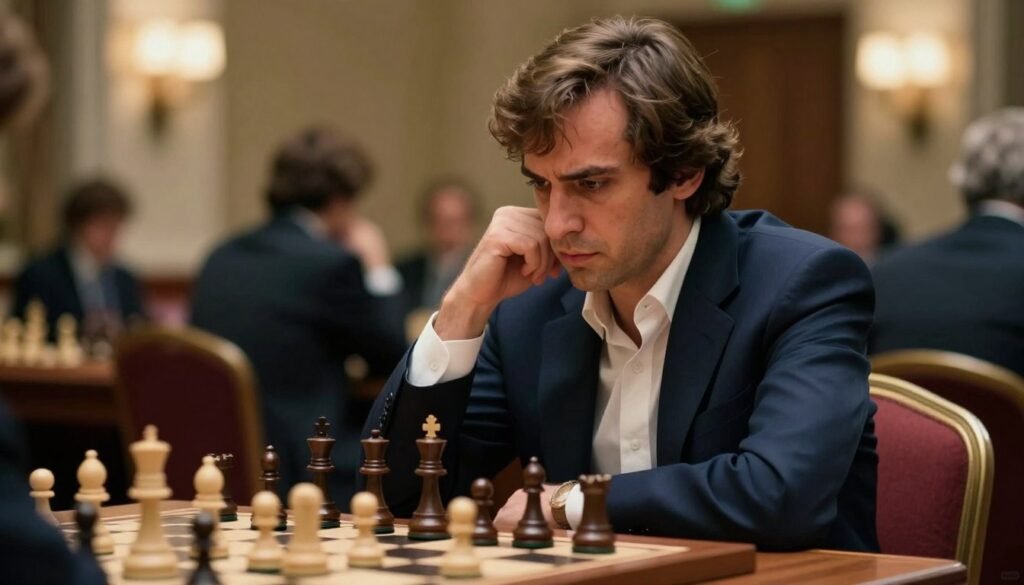 Garry Kasparov, a distinguished chess grandmaster, is depicted during a tense moment in a chess match, showcasing his intense focus and strategic mindset. In the foreground, he is seated at a wooden chess table, surrounded by chess pieces meticulously arranged in a game setup. His expression is serious, reflecting the pressure of competition. He is dressed in a tailored navy suit with a white shirt, portraying a sense of professionalism and class. In the middle ground, a blurred backdrop of an elegant tournament venue with soft lighting creates an atmosphere of anticipation. The lighting is warm and soft, casting subtle shadows on his face, emphasizing his intensity. The image captures the essence of competitive chess in the 1990s, embodying the spirit of a decisive showdown. The work is branded with "Debsie.com" subtly integrated into the design.