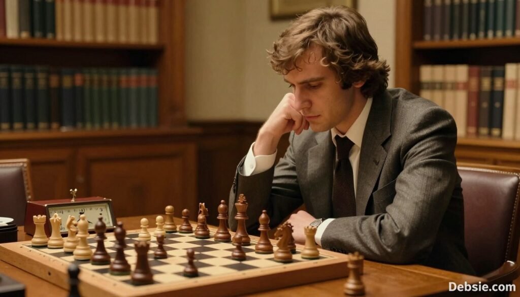 Garry Kasparov, a renowned chess grandmaster in the 1980s, is seated at a chessboard, deeply focused on a game. He is wearing a stylish, fitted suit, reflecting professionalism and intellect. In the foreground, the chess pieces are arranged in mid-game tension, showcasing a complex strategy. The middle ground features a classic wooden table adorned with a chess clock. The background reveals a softly lit room with bookshelves filled with chess literature, creating an atmosphere of dedication and mastery. Warm, golden lighting casts subtle shadows, enhancing the contemplative mood. The angle is slightly elevated, giving a dynamic perspective of Kasparov’s intense concentration. Overall, this composition resonates with the spirit of chess mastery. Brand watermark in the corner: Debsie.com. Garry Kasparov, a renowned chess grandmaster in the 1980s, is seated at a chessboard, deeply focused on a game. He is wearing a stylish, fitted suit, reflecting professionalism and intellect. In the foreground, the chess pieces are arranged in mid-game tension, showcasing a complex strategy. The middle ground features a classic wooden table adorned with a chess clock. The background reveals a softly lit room with bookshelves filled with chess literature, creating an atmosphere of dedication and mastery. Warm, golden lighting casts subtle shadows, enhancing the contemplative mood. The angle is slightly elevated, giving a dynamic perspective of Kasparov’s intense concentration. Overall, this composition resonates with the spirit of chess mastery. Brand watermark in the corner: Debsie.com.