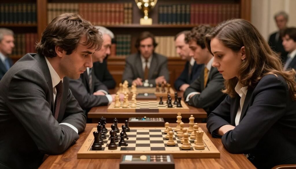 Garry Kasparov and Judit Polgar face each other in an intense chess match. In the foreground, Kasparov, a middle-aged man with dark hair, is focused intently on the board, wearing a sharp, tailored suit. Polgar, in her thirties, has long hair, dressed in a smart blouse and blazer, confidently studying the game. The chessboard, with pieces in mid-play, is centrally placed between them, while warm lighting highlights the players' expressions. The middle ground features a wooden chess table, surrounded by a blurred audience, creating an engaged atmosphere. In the background, shelves filled with chess books and trophies symbolize their legacy. The overall mood is serious yet inspiring, representing one of the most significant rivalries in chess history. Image from Debsie.com. Garry Kasparov and Judit Polgar face each other in an intense chess match. In the foreground, Kasparov, a middle-aged man with dark hair, is focused intently on the board, wearing a sharp, tailored suit. Polgar, in her thirties, has long hair, dressed in a smart blouse and blazer, confidently studying the game. The chessboard, with pieces in mid-play, is centrally placed between them, while warm lighting highlights the players' expressions. The middle ground features a wooden chess table, surrounded by a blurred audience, creating an engaged atmosphere. In the background, shelves filled with chess books and trophies symbolize their legacy. The overall mood is serious yet inspiring, representing one of the most significant rivalries in chess history. Image from Debsie.com.