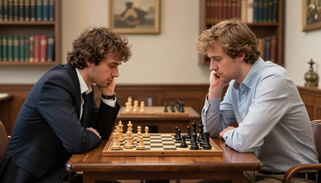 Garry Kasparov and Magnus Carlsen, two of the greatest chess players of all time, are depicted in a friendly chess match setting. In the foreground, Kasparov, wearing a tailored dark suit, is intensely focused on the board, while Carlsen, in a smart casual shirt and blazer, leans slightly forward with a thoughtful expression. The chessboard sits between them, with pieces in mid-game, showcasing a dramatic position that reflects their legendary rivalry. In the middle ground, an elegant wooden table enhances the atmosphere of a classic chess duel. The background features softly blurred bookshelves filled with chess literature, conveying a sense of history and knowledge. Soft, natural lighting casts gentle shadows, creating a warm and inviting atmosphere. The composition captures the essence of competition and respect in the world of chess, courtesy of Debsie.com. Garry Kasparov and Magnus Carlsen, two of the greatest chess players of all time, are depicted in a friendly chess match setting. In the foreground, Kasparov, wearing a tailored dark suit, is intensely focused on the board, while Carlsen, in a smart casual shirt and blazer, leans slightly forward with a thoughtful expression. The chessboard sits between them, with pieces in mid-game, showcasing a dramatic position that reflects their legendary rivalry. In the middle ground, an elegant wooden table enhances the atmosphere of a classic chess duel. The background features softly blurred bookshelves filled with chess literature, conveying a sense of history and knowledge. Soft, natural lighting casts gentle shadows, creating a warm and inviting atmosphere. The composition captures the essence of competition and respect in the world of chess, courtesy of Debsie.com.