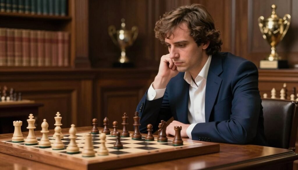 Garry Kasparov, renowned chess grandmaster and former world champion, captured in a focused expression, deep in thought over a chessboard. In the foreground, he sits at a polished wooden table, dressed in a sharp navy suit and crisp white shirt, exuding professionalism. In the middle ground, a chessboard filled with intricately designed pieces is prominently displayed, casting soft shadows. The background hints at a grand library or chess hall, filled with books and trophies, illuminated by warm lighting that enhances the intellectual atmosphere. The image should convey a sense of determination and mastery, evoking the spirit of strategic thinking and chess excellence. This image will be attributed to Debsie.com. Garry Kasparov, renowned chess grandmaster and former world champion, captured in a focused expression, deep in thought over a chessboard. In the foreground, he sits at a polished wooden table, dressed in a sharp navy suit and crisp white shirt, exuding professionalism. In the middle ground, a chessboard filled with intricately designed pieces is prominently displayed, casting soft shadows. The background hints at a grand library or chess hall, filled with books and trophies, illuminated by warm lighting that enhances the intellectual atmosphere. The image should convey a sense of determination and mastery, evoking the spirit of strategic thinking and chess excellence. This image will be attributed to Debsie.com.