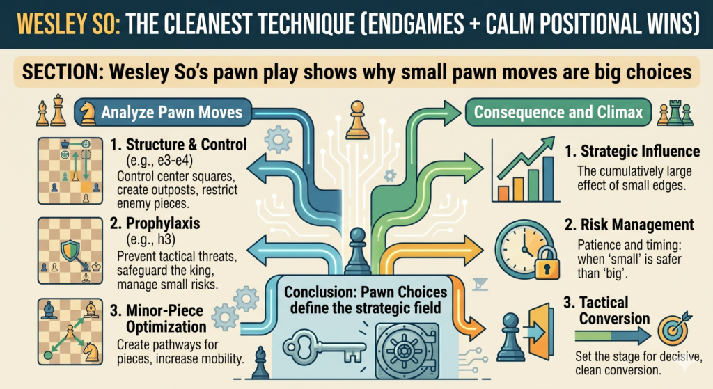 Pawns look small, but they shape the whole game. Once a pawn moves, it cannot go back. Wesley So understands this deeply. His pawn moves often have a clear point. They take space, stop a break, fix a weakness, open a file, or create a target.