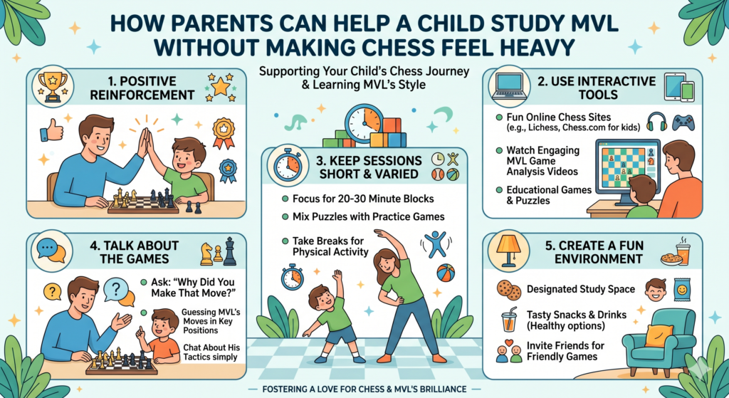 A child does not need to sit for three hours with a thick opening book. That can make chess feel like homework. Instead, one good game studied slowly can do more than ten games rushed.