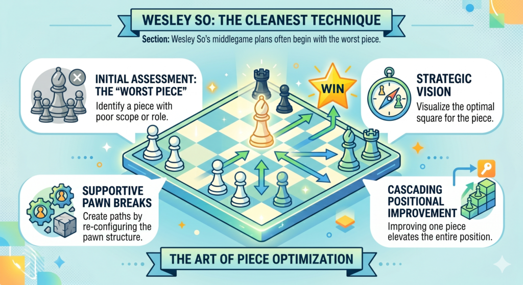 In many of Wesley So’s calm wins, there is a moment where he does not rush. He looks at the board and improves a piece that is not doing enough. This is one of the most powerful habits in chess. It also works at almost every level.