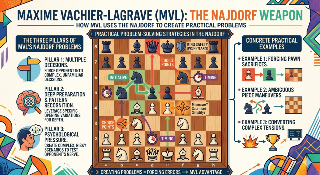 MVL’s Najdorf is not only strong because it is full of theory. It is strong because it gives the opponent hard practical choices. Chessgames currently lists 4,006 games in MVL’s database record, with the Sicilian as his most played opening family with Black and the Sicilian Najdorf listed as one of his main Black openings.
