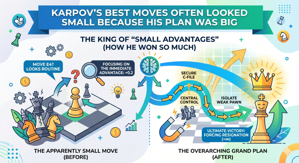 One reason Karpov is hard for beginners to understand is that his best moves do not always look powerful. Sometimes he moved a rook to a slightly better square. Sometimes he improved a knight. Sometimes he made a pawn move that stopped one idea from the opponent. On the surface, it could look simple. Under the surface, it was deep.