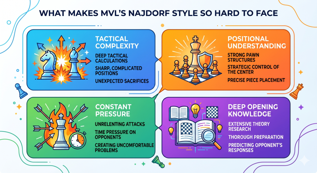 MVL’s style is hard to play against because it feels like pressure from move one. He does not always try to win fast. In fact, many of his best Najdorf games are built slowly. He makes small useful moves. He keeps his pieces active. He waits for White to overreach. Then, when the board opens, he strikes with speed.
