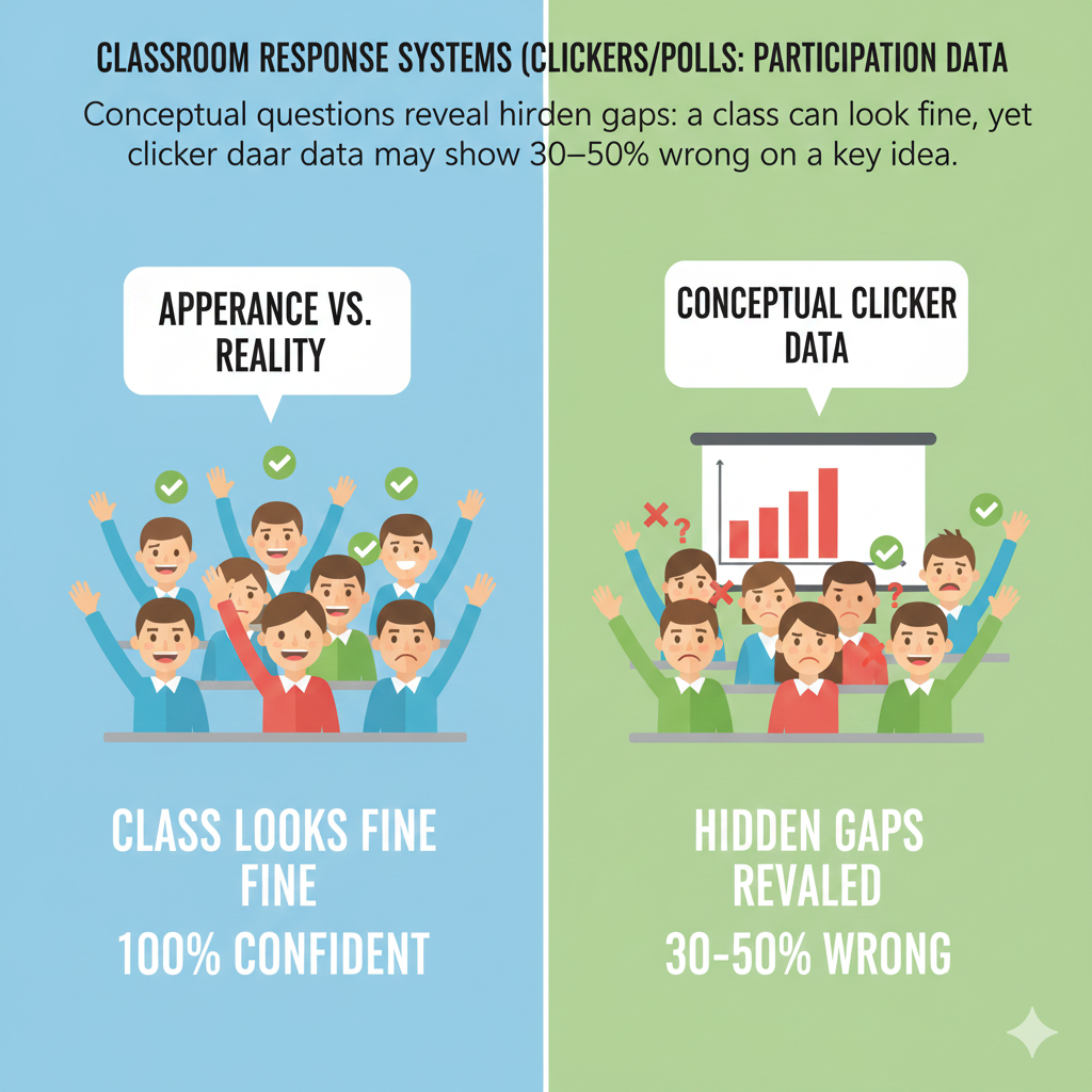 To uncover real understanding, ask conceptual questions, not just factual ones. Instead of asking for definitions, ask students to apply ideas in new situations. Ask them to predict outcomes. Ask them to explain reasoning through answer choices.