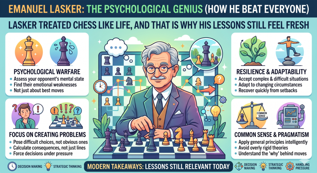 Lasker was not only a chess player. He was also a thinker, writer, mathematician, and philosopher. His famous book, “Lasker’s Manual of Chess,” was published in 1925 and became one of the well-known chess books of the early modern period.
