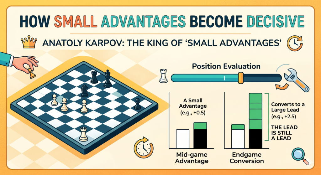Karpov was not the kind of player who needed a huge attack to feel happy. If he had a better pawn, a better king, or a better piece, he was ready to play for hours. This made him very hard to face. Many players relax when queens come off the board. 