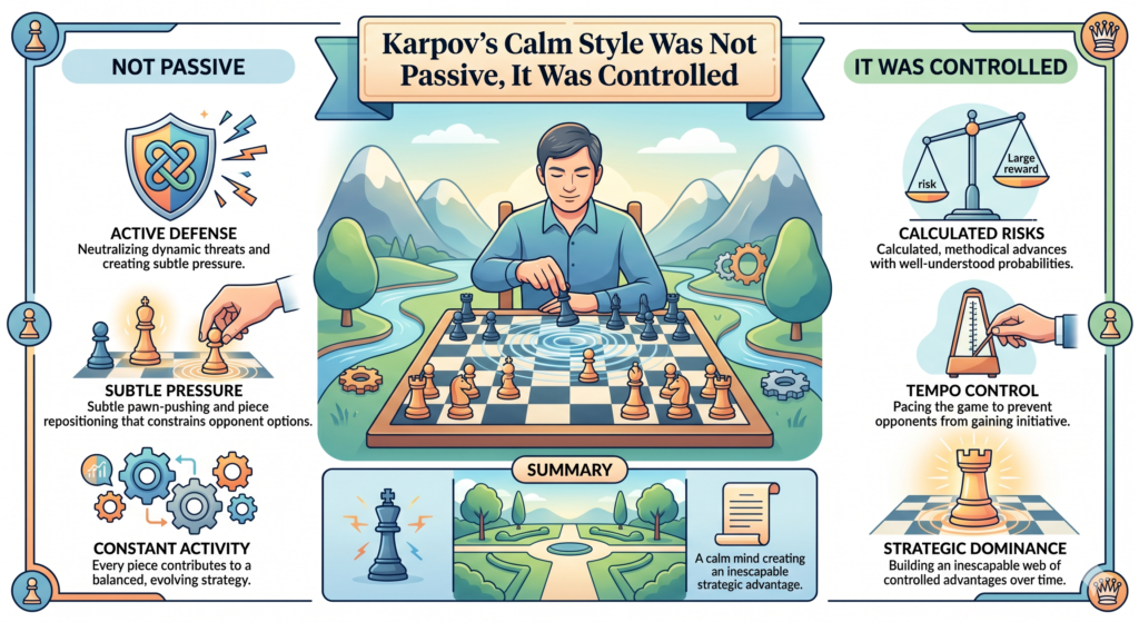 A common mistake is to think Karpov was passive because he played quiet chess. That is not true. Passive chess means waiting with no plan. Karpov’s chess was not like that. His moves had purpose. He controlled key squares, limited enemy pieces, and prepared the right break.