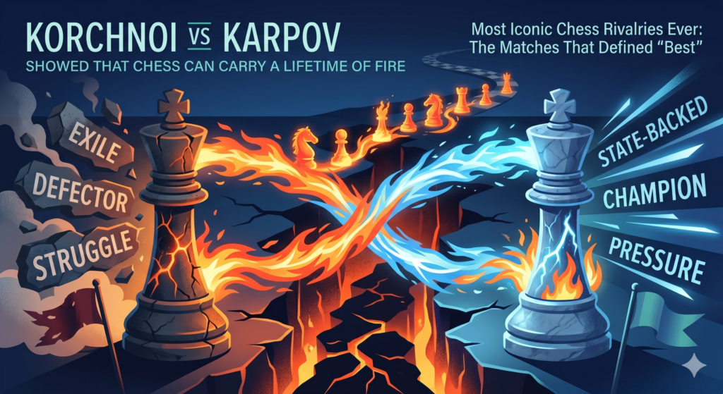 Viktor Korchnoi vs Anatoly Karpov was one of the most intense rivalries in chess history. Their battles had skill, pressure, politics, age, pride, and deep personal tension. Karpov was the official Soviet champion and one of the smoothest players ever.
