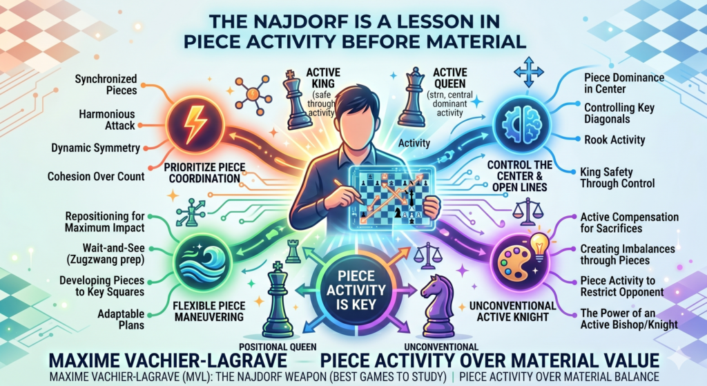 In MVL’s Najdorf games, material is not always the first thing that matters. A pawn is important, yes. A rook is important, yes. But in sharp positions, active pieces may matter even more. A player with one extra pawn can still lose fast if the king is weak and the pieces are sleeping.