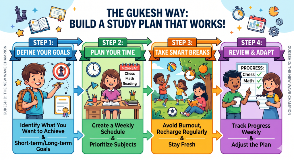 A child does not need to study chess for ten hours a day to learn from Gukesh. Most kids have school, homework, family time, and other activities. So the best plan is not a huge plan. The best plan is a steady plan that can be followed every week.