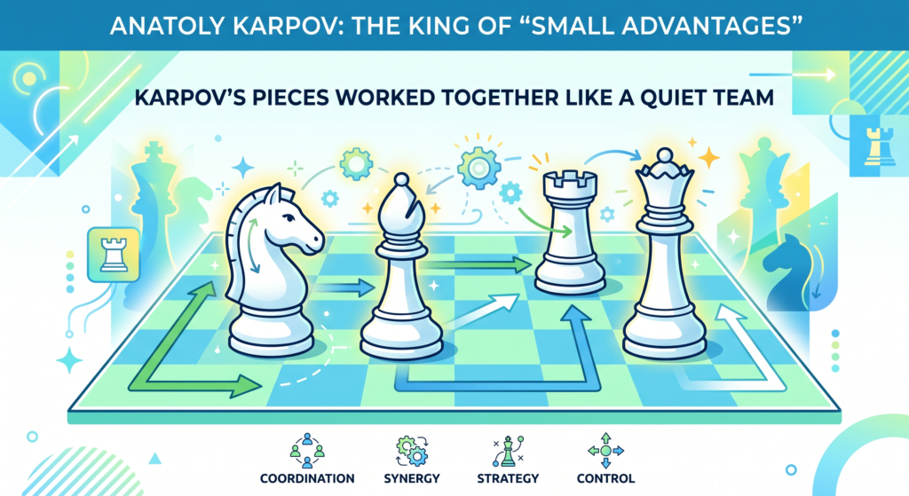 Some players have one brilliant piece and five confused pieces. Karpov hated that kind of chess. In his best games, every piece seemed to have a job. His knights had strong squares. His bishops watched useful lines. His rooks moved to open files. His queen did not rush out too early. The king stayed safe.