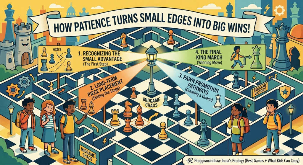 Many children do not like endgames at first. They feel slow. There are fewer pieces. There are fewer flashy attacks. But Praggnanandhaa’s games show that endgames are where focus becomes gold. A tiny edge can grow into a win if the player is patient enough.