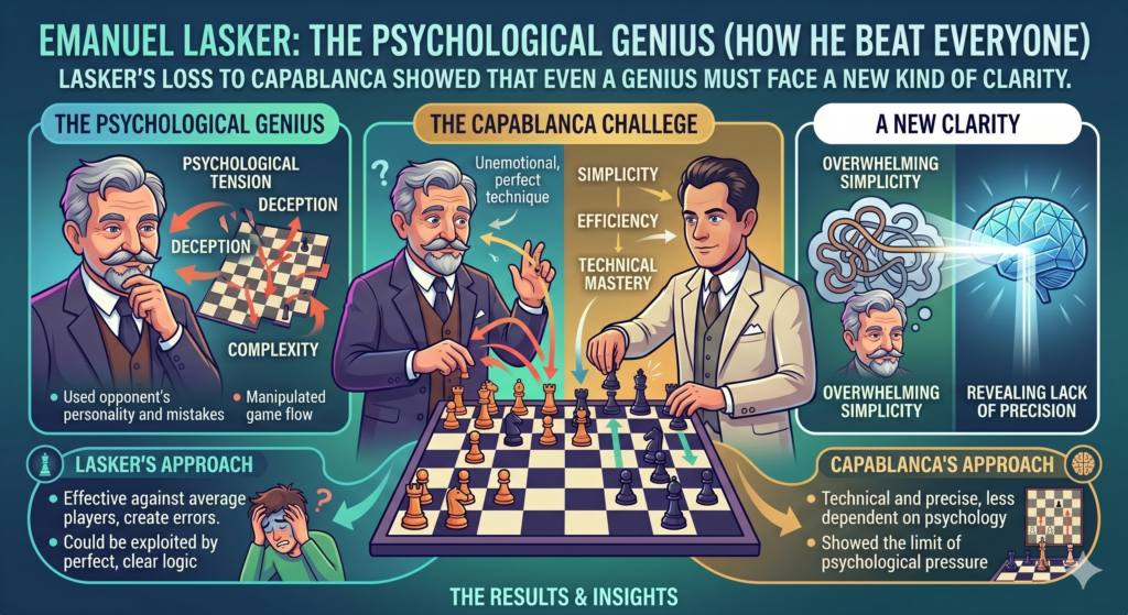 Every great champion has a final chapter. For Lasker, that chapter came against José Raúl Capablanca in 1921. Capablanca won the World Championship match in Havana by a score of 9 to 5, with four wins, ten draws, and no losses. It was the end of Lasker’s long reign and the start of Capablanca’s time as world champion.