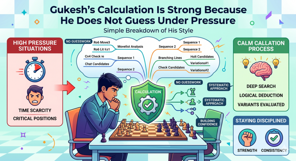One of the biggest parts of Gukesh’s chess style is his deep calculation. That simply means he can see many moves ahead and understand what may happen after each choice. But this does not mean he sees everything like a machine. It means he has trained his mind to stay clear even when the board is full of danger.