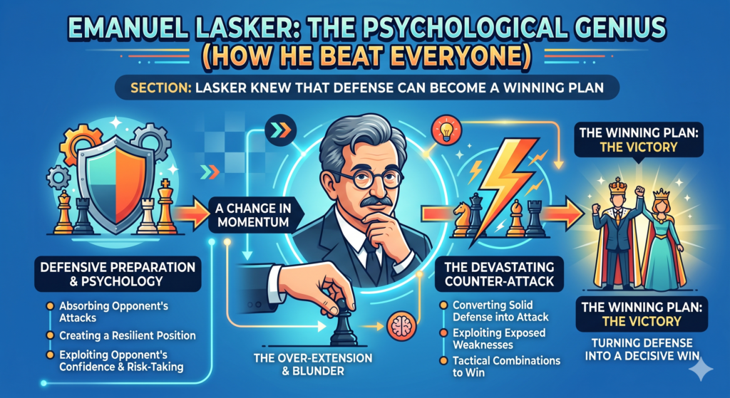Many students think defense means something has gone wrong. They feel sad when they must defend. They think attacking is fun and defending is just survival. Lasker proved the opposite.