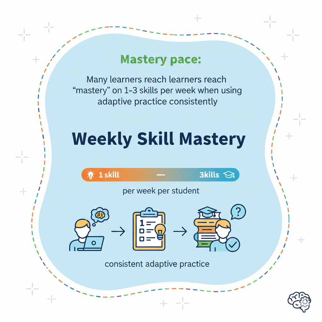 Mastery pace depends on consistency. If a child logs in randomly, progress slows down. Adaptive tools need repeated contact to adjust difficulty and strengthen weak spots. When usage is steady, the system can move the student forward step by step. When usage is scattered, the tool keeps reviewing old material and forward motion becomes slow.