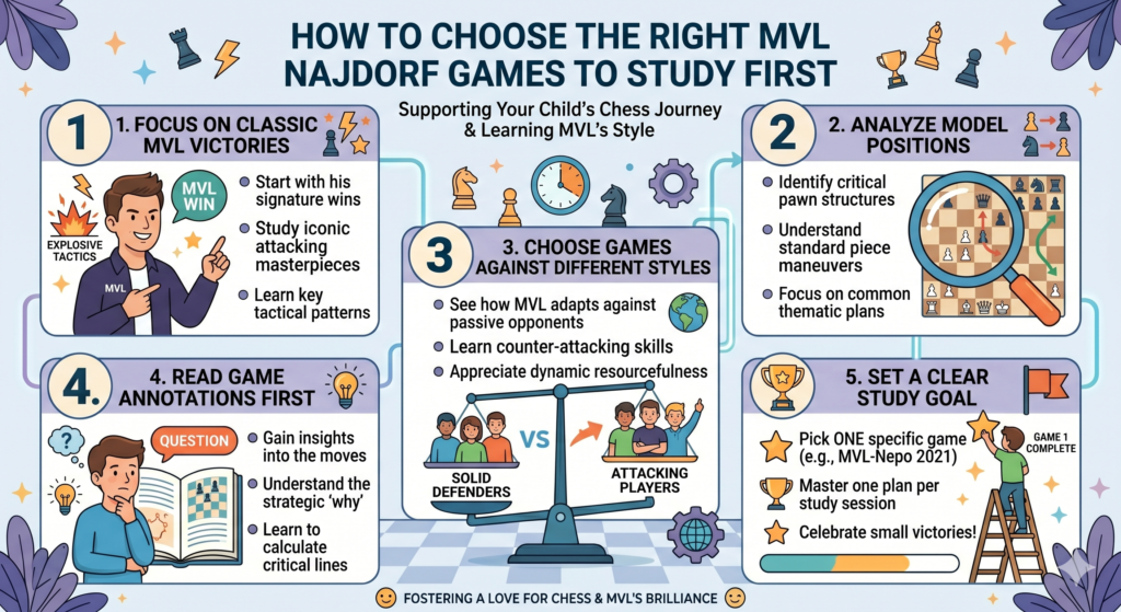 A student should not study MVL’s Najdorf games in a random order. Some games are too deep for beginners. Some need lots of opening knowledge. Some are full of engine-level details that may confuse a young learner. The best path is to start with games that have clear plans.