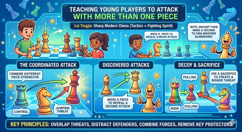 A good attack is not made by one hero piece. It is made by a team. This is one of the first things young players should learn from Lei Tingjie’s chess. When she attacks, her pieces often work together. The queen does not run ahead alone. 