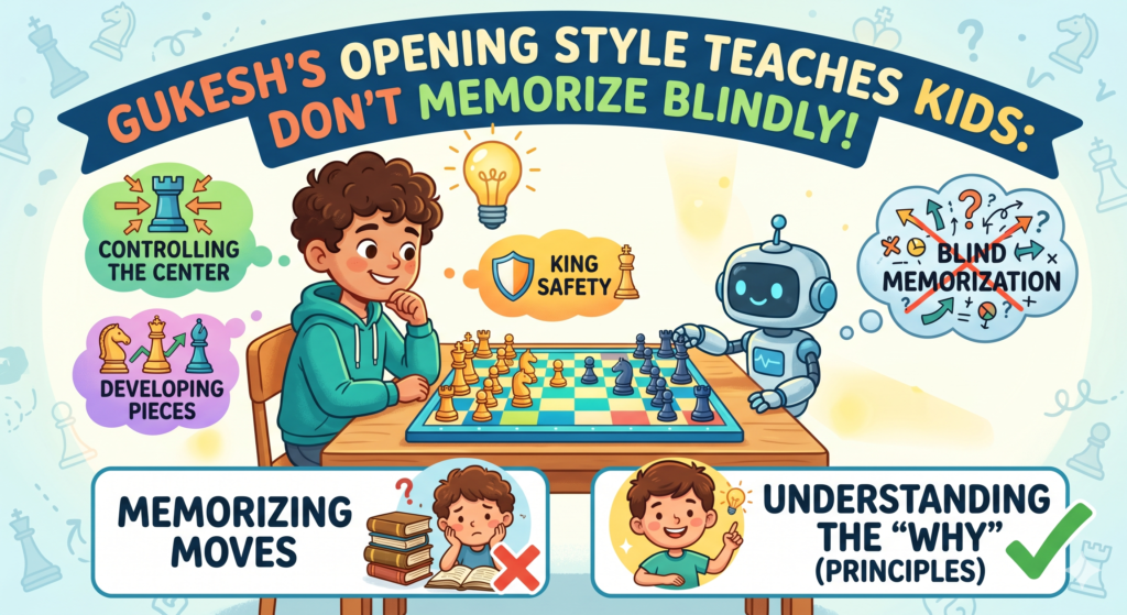Openings can scare parents and students. There are so many names, moves, and traps. Some kids think they must memorize 20 moves to become good. Gukesh’s style gives a better message. Yes, top players prepare deeply.
