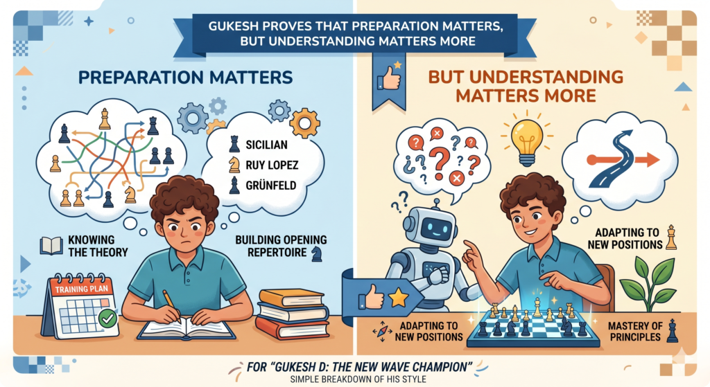 Top-level chess has a lot of preparation. Players study openings, review games, use engines, and build plans before they sit at the board. Gukesh also works in this modern way. But young players should not take the wrong lesson from that.