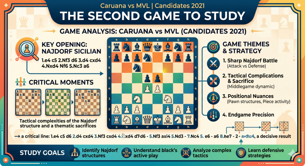 Another must-study game is Caruana vs MVL from the 2020–21 Candidates Tournament, played in Yekaterinburg in 2021. Chessgames lists it as a Sicilian Najdorf, B97, with Caruana winning as White.