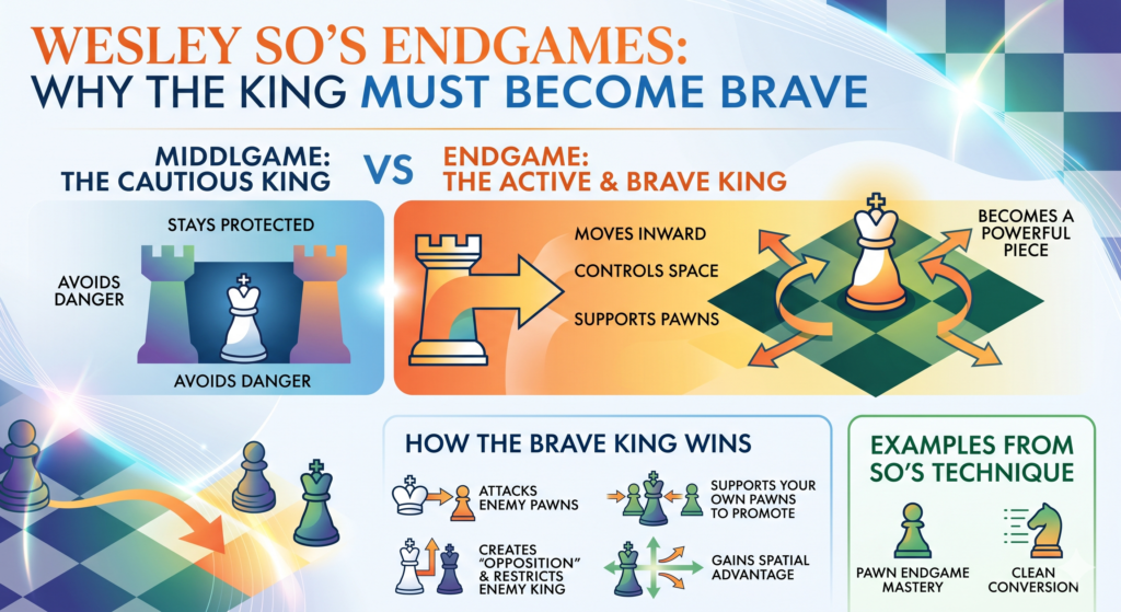Many beginners hide the king for the whole game. In the opening and middlegame, that is often wise because the king can be attacked. But in the endgame, the king changes. It becomes a fighting piece. Wesley So understands this very well.