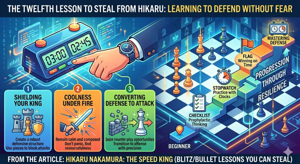 Hikaru is dangerous not only because he can attack. He is also hard to finish off. Even when he is worse, he keeps creating problems. He finds checks. He trades the right pieces. He moves the king at the right time. He makes the opponent prove the win.