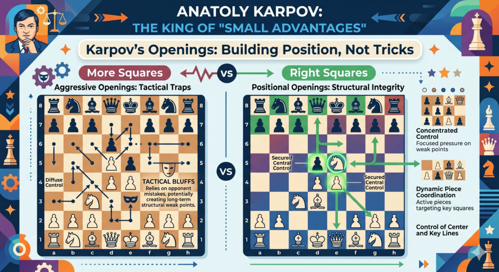 Many beginners think the opening is a place to trap the other player. Traps can be fun, but they are not a full chess plan. Karpov’s openings had a different goal. He wanted a position he understood. He wanted sound pieces, safe kings, useful pawn shapes, and chances to press later.