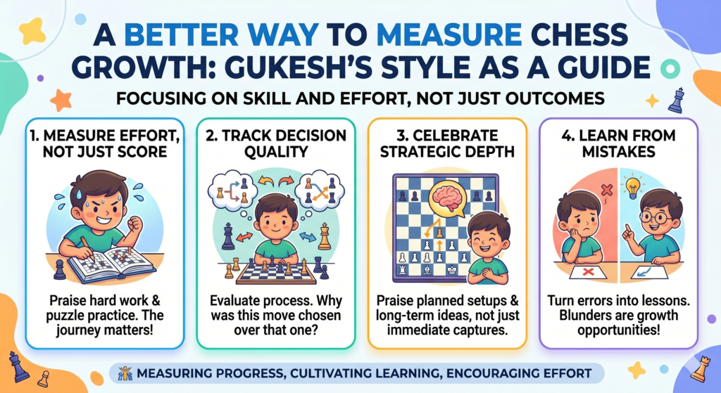 Many parents measure chess growth by wins, trophies, and ratings. These things can be useful, but they do not tell the full story. A child can win a game with bad habits. A child can lose a game while making real progress. The deeper question is this: is the child thinking better than before?