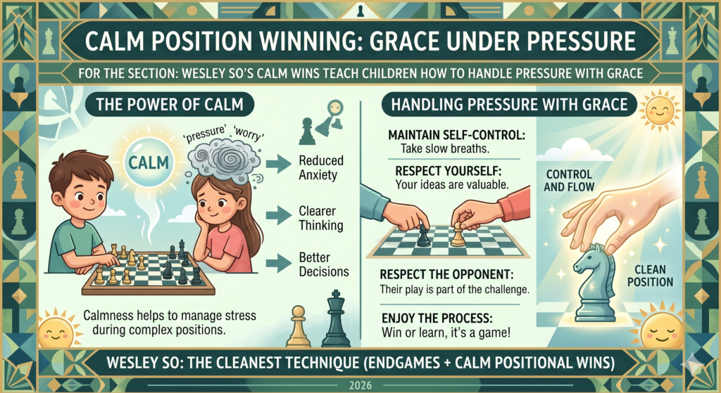 Chess can bring big feelings. A child may feel proud after winning, upset after losing, or nervous during a close game. This is normal. But the best players learn not to let feelings make the moves for them. Wesley So’s calm style gives children a strong example of this.