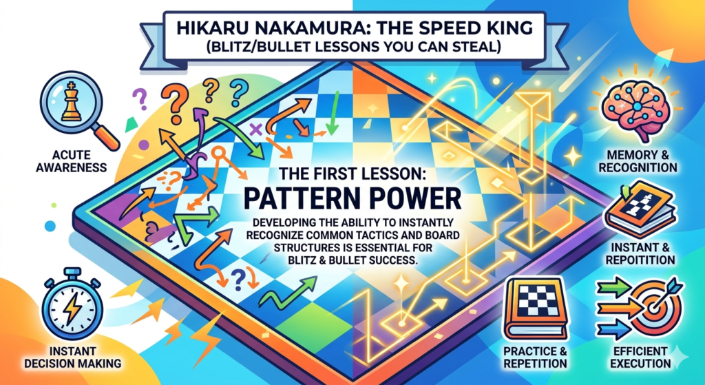 If there is one thing every young player should steal from Hikaru, it is pattern power. Strong players do not calculate every tiny thing from scratch. They remember shapes. They know common mates. They know common attacks. They know common traps. They know which pieces belong on which squares.