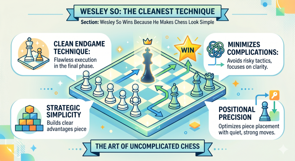 Wesley So is one of the best examples of a player who wins without making the board look wild. Some players love fire. They take risks, start attacks, and make the game feel like a race. Wesley often does the opposite. He builds a small edge, protects it, and slowly turns it into a win.