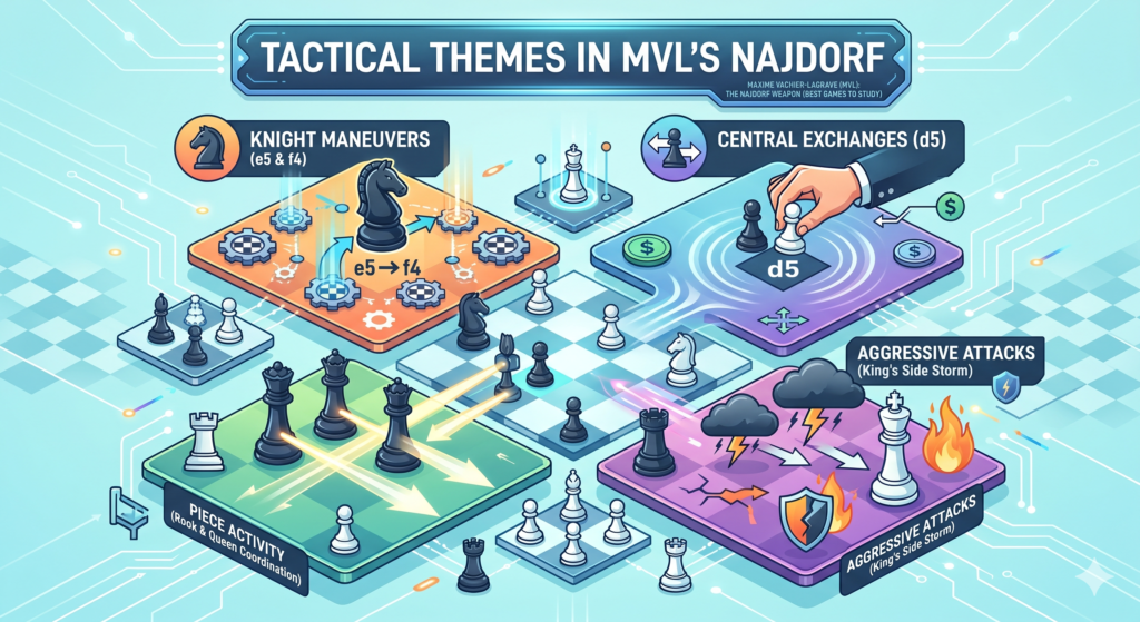 MVL’s Najdorf games are full of tactics, but they are not random tricks. The same ideas come back again and again. That is good news for students. It means they can train patterns and start seeing danger sooner.
