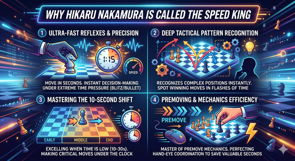 When people call Hikaru Nakamura the “Speed King,” they are not just talking about quick hands. Fast chess is not only about moving before your brain wakes up. It is about seeing simple plans fast, knowing common patterns, staying calm when the clock is low, and making the other player solve hard problems again and again.