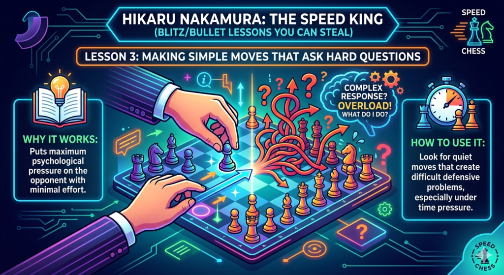 Many young chess players think a strong move must be fancy. They want a queen sacrifice, a tricky trap, or a move that makes everyone say “wow.” But in fast chess, fancy is not always best. The best move is often simple, clear, and annoying for the other player.