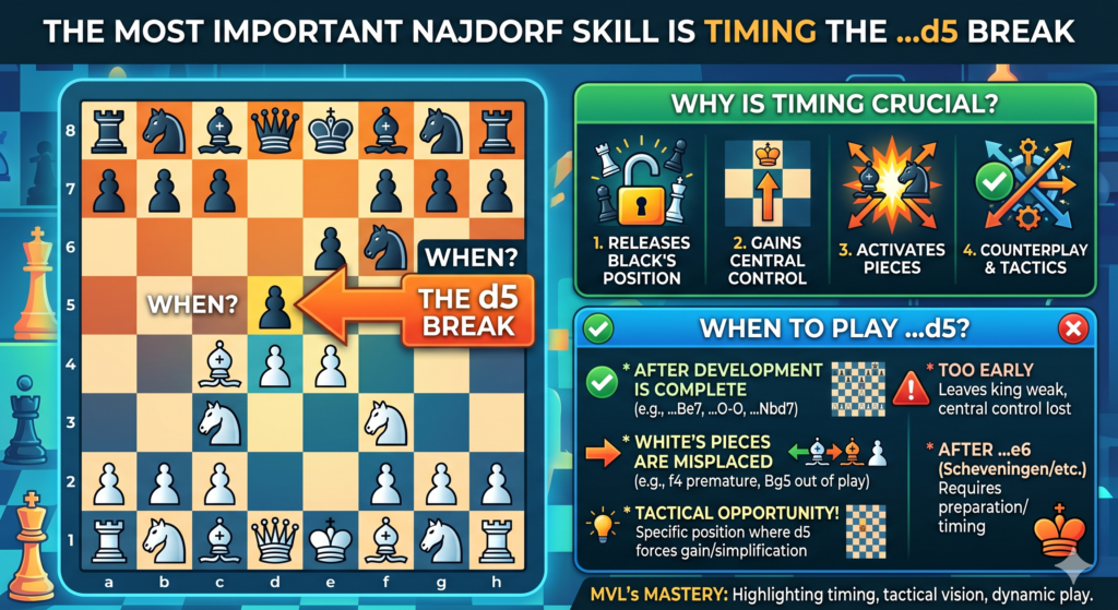 In many Najdorf games, Black dreams of the move ...d5. This pawn break can free Black’s pieces, hit White’s center, and open the board at the right moment. But it is not a move you can play whenever you feel like it. Played too early, it may lose a pawn or open lines for White. Played too late, White may build a huge attack.