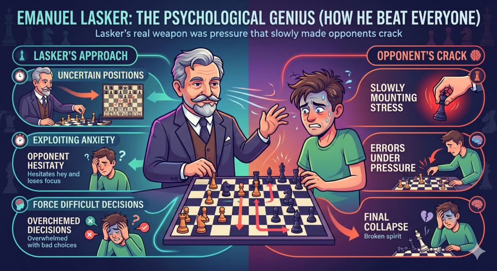 Some champions win by crushing people with sharp attacks. Some win by perfect endgames. Lasker could do both, but one of his greatest powers was pressure. He knew how to keep the game alive long enough for the other player to make the first serious mistake.