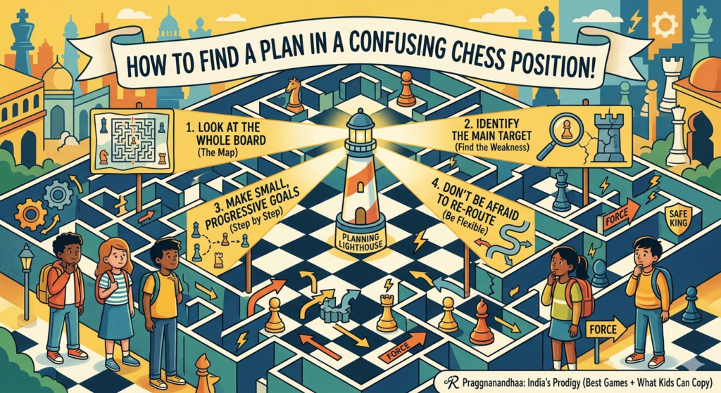 The middlegame is where many children feel stuck. The opening is over. The pieces are out. The king is safer. But now the child looks at the board and thinks, “What do I do next?” This is the moment where Praggnanandhaa’s games become very useful.