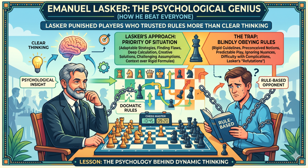 Many chess players love rules. They learn ideas like “control the center,” “develop your pieces,” “do not move the same piece twice,” and “castle early.” These rules are helpful. They guide beginners away from silly mistakes. But Lasker showed that rules are not the same as truth.