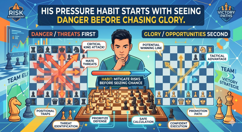Nodirbek Abdusattorov’s calm under pressure does not come from magic. It comes from seeing danger early. That is a huge skill. Many players only look for their own attack. They ask, “How can I win?” before they ask, “What can go wrong?” Strong players do both.